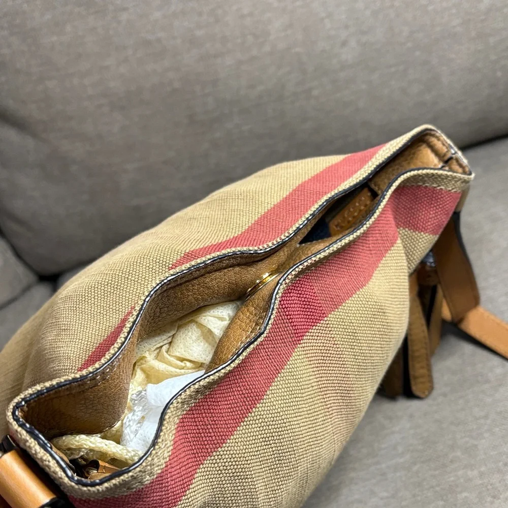 Burberry Ashby House Check Canvas Bucket Crossbody Leather Trim and Tassel - Picture 8 of 15